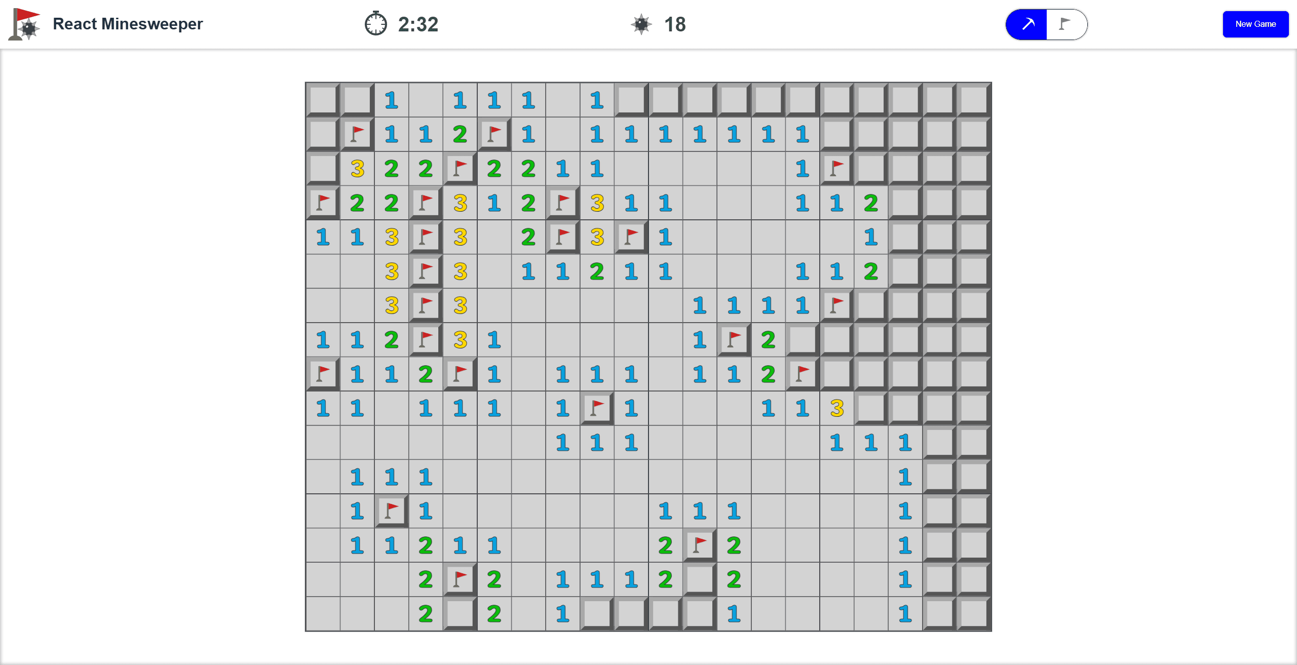 Game of React Minesweeper in progress